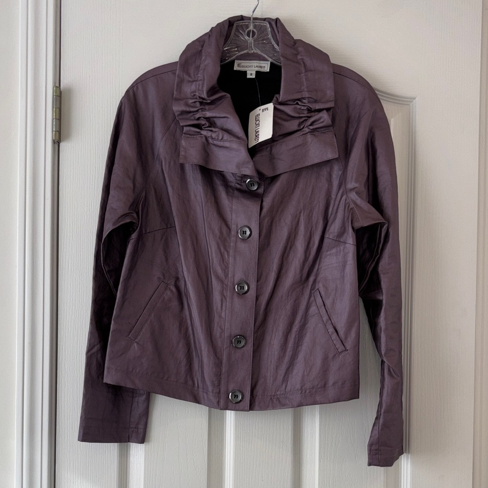 SALE-Le Elliott Lauren Plum Faux Leather Button Jacket Linen lined.
